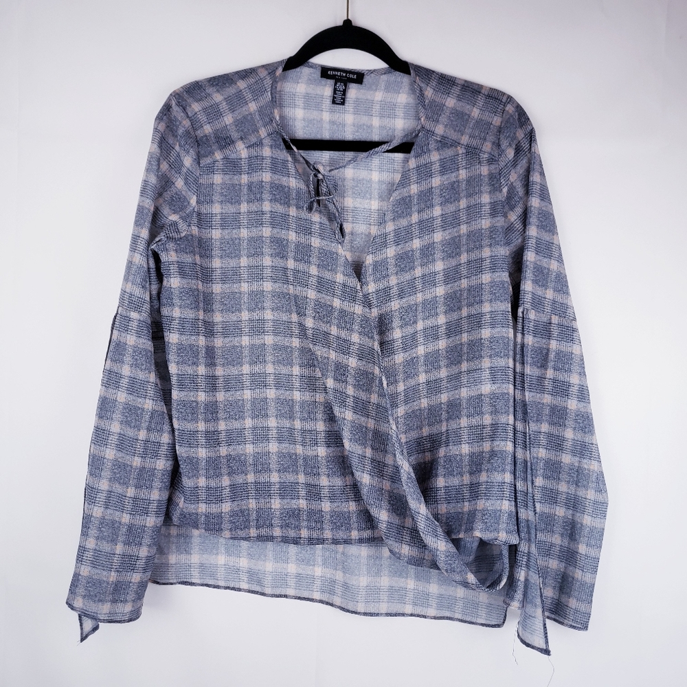 Kenneth Cole Womens Surplice Sheer Plaid Blouse slit Sleeve